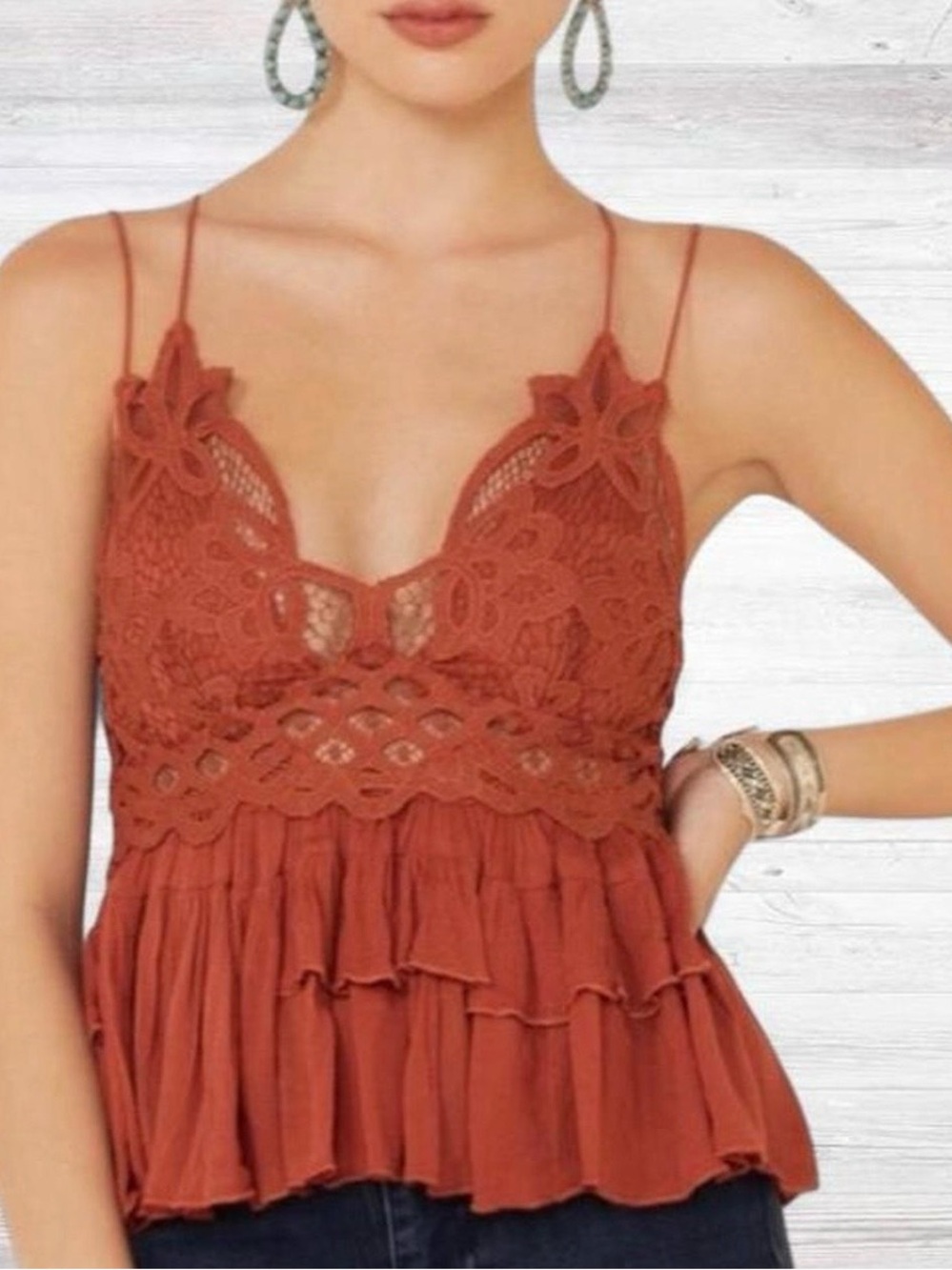 Free People Rust Lace-Trim Ruffled Camisole
